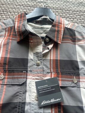 Eddie Bauer Gray and Rust Plaid Button-Down Shirt